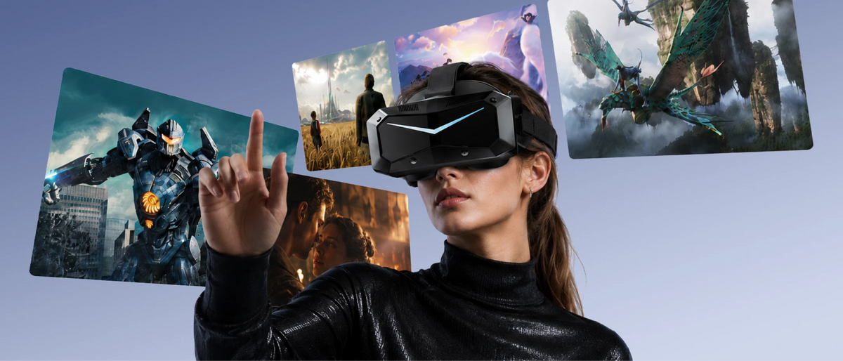 Joueur équipé d’un casque VR Pimax devant des écrans de jeux virtuels
